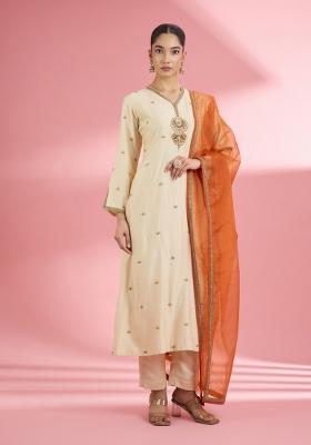 Beige Zari Work Silk Kurta Set