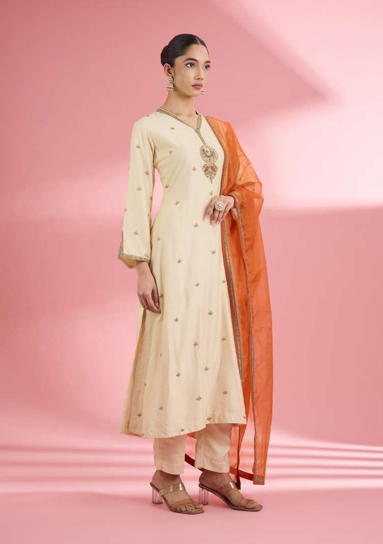 Beige Zari Work Silk Kurta Set - Indya