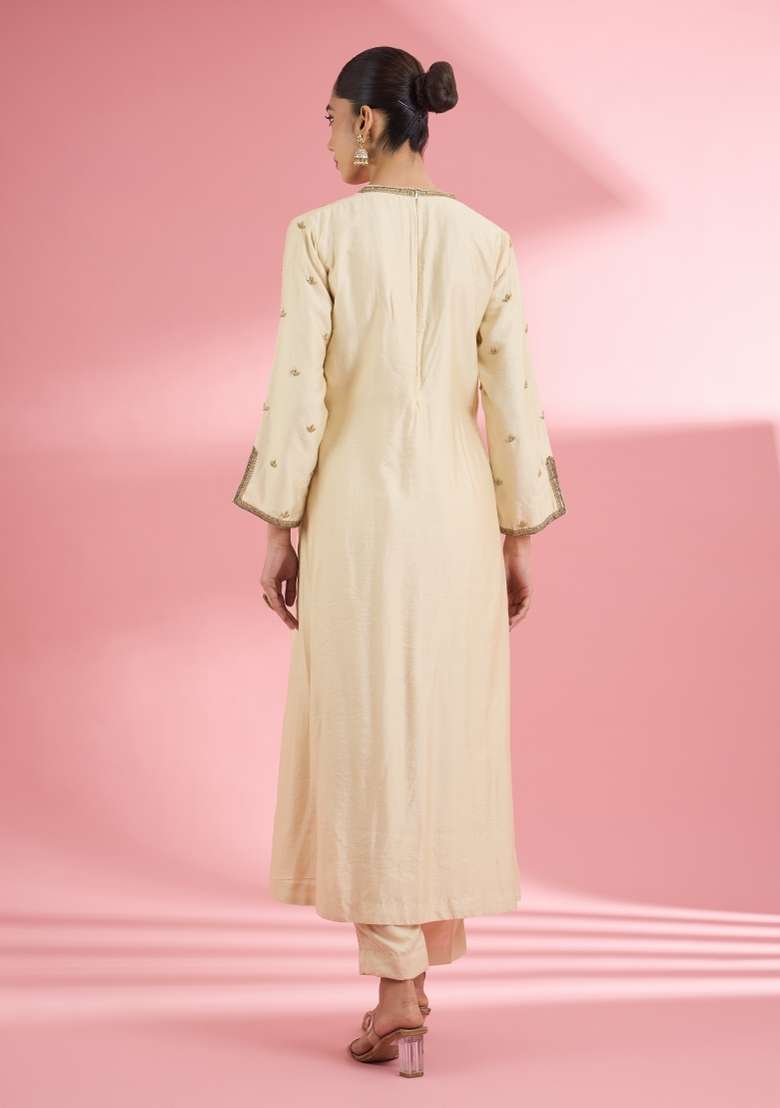 Beige Zari Work Silk Kurta Set - Indya