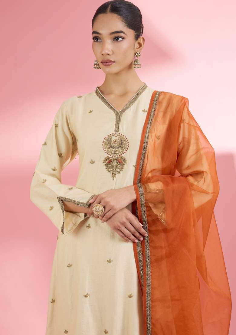 Beige Zari Work Silk Kurta Set - Indya