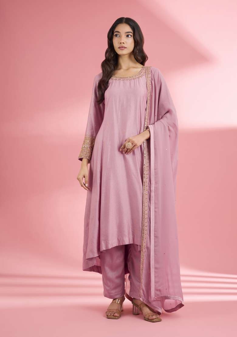 Pink Sequin Work Silk Kurta Set - Indya