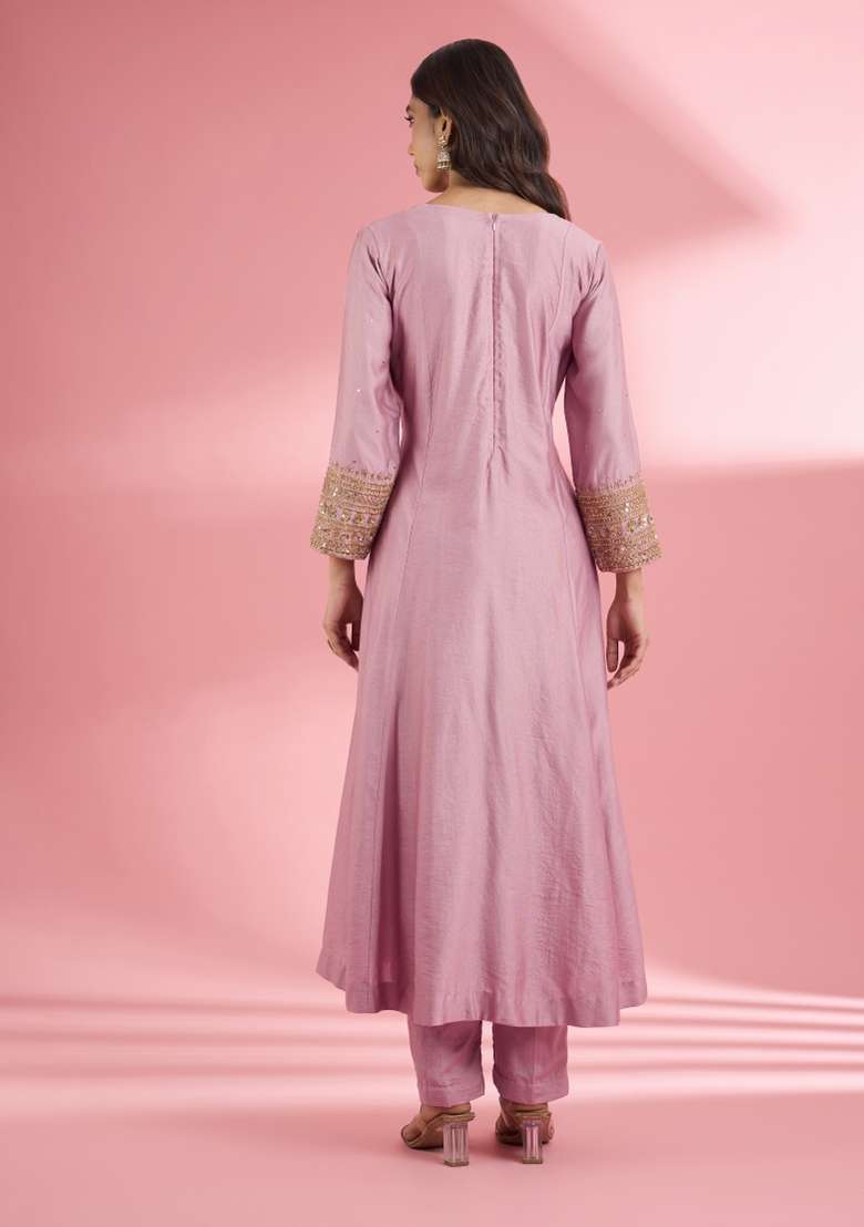 Pink Sequin Work Silk Kurta Set - Indya