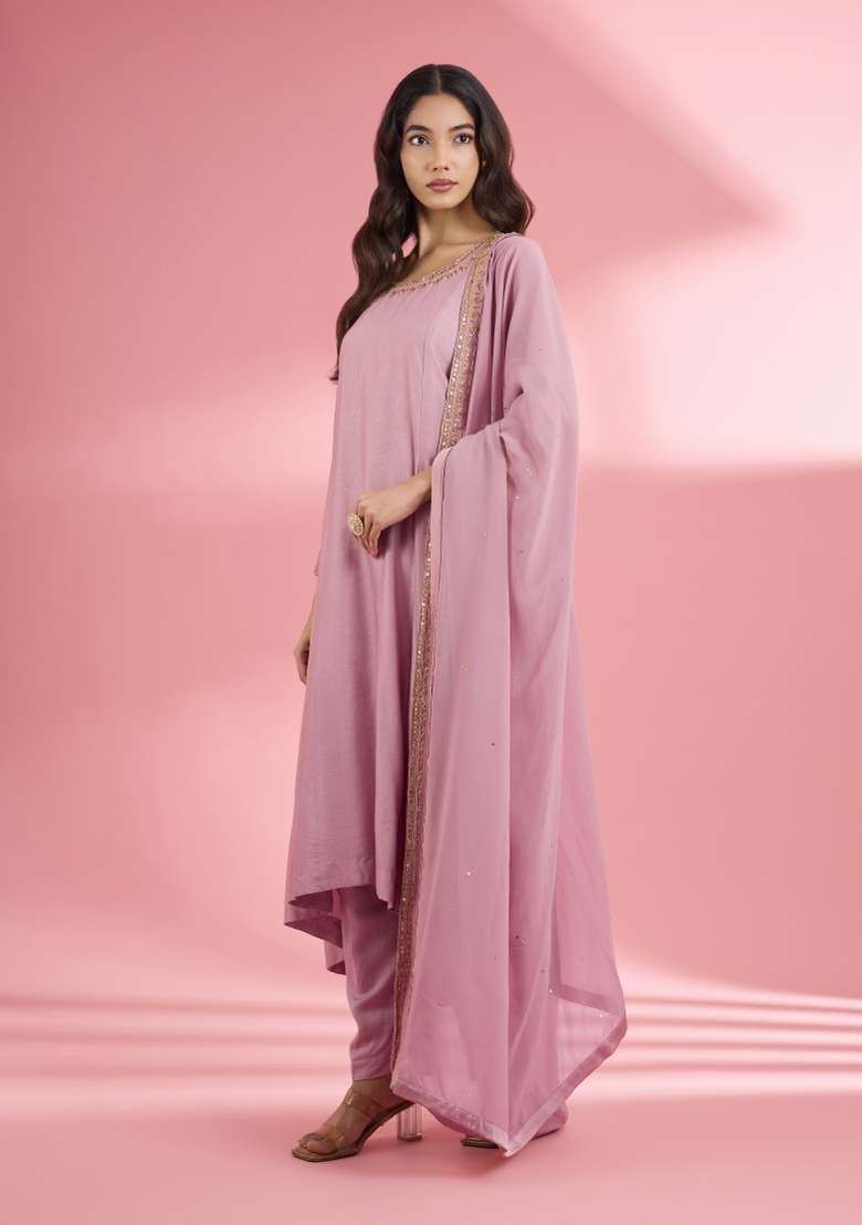 Pink Sequin Work Silk Kurta Set - Indya