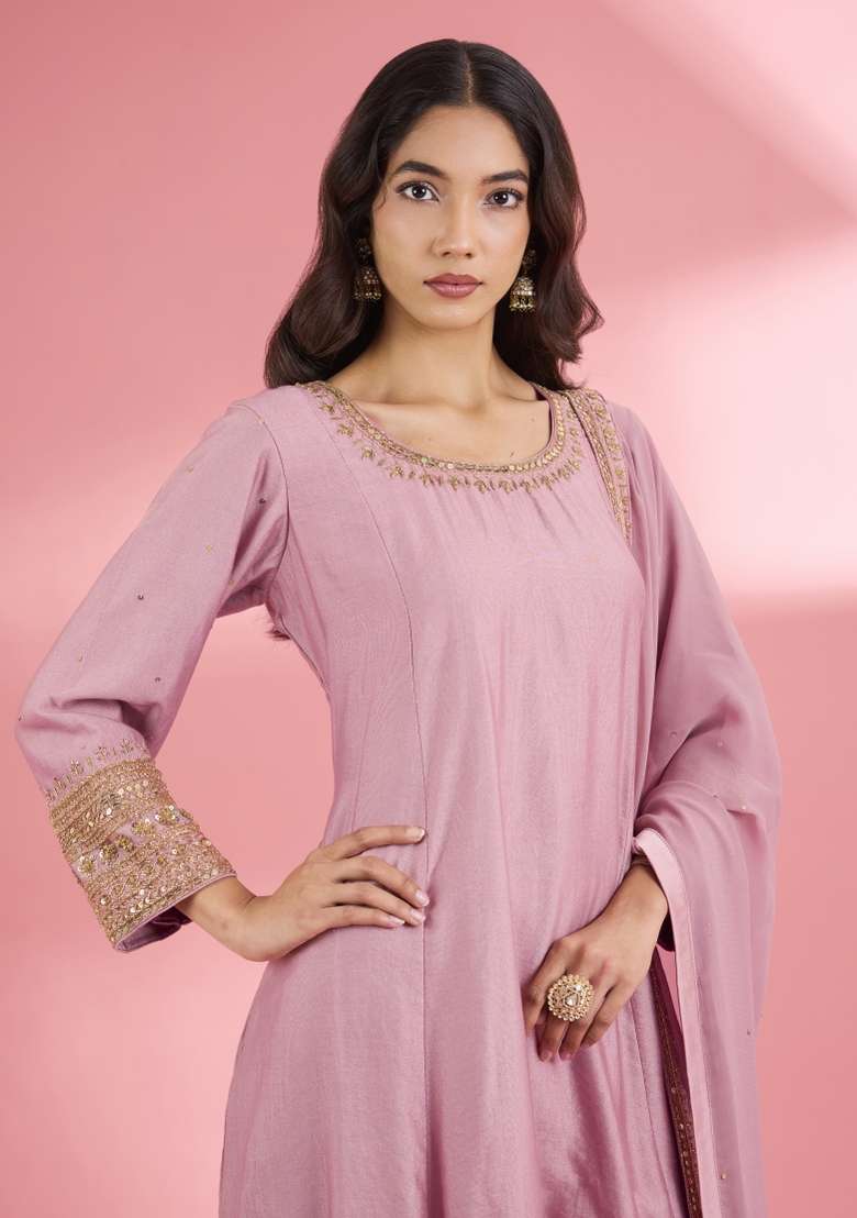 Pink Sequin Work Silk Kurta Set - Indya