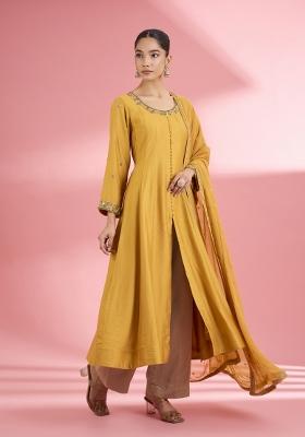 Mustard Sequin Work Silk Kurta Set