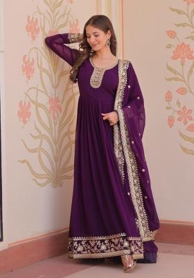 Purple Embroidered Georgette Anarkali With Dupatta