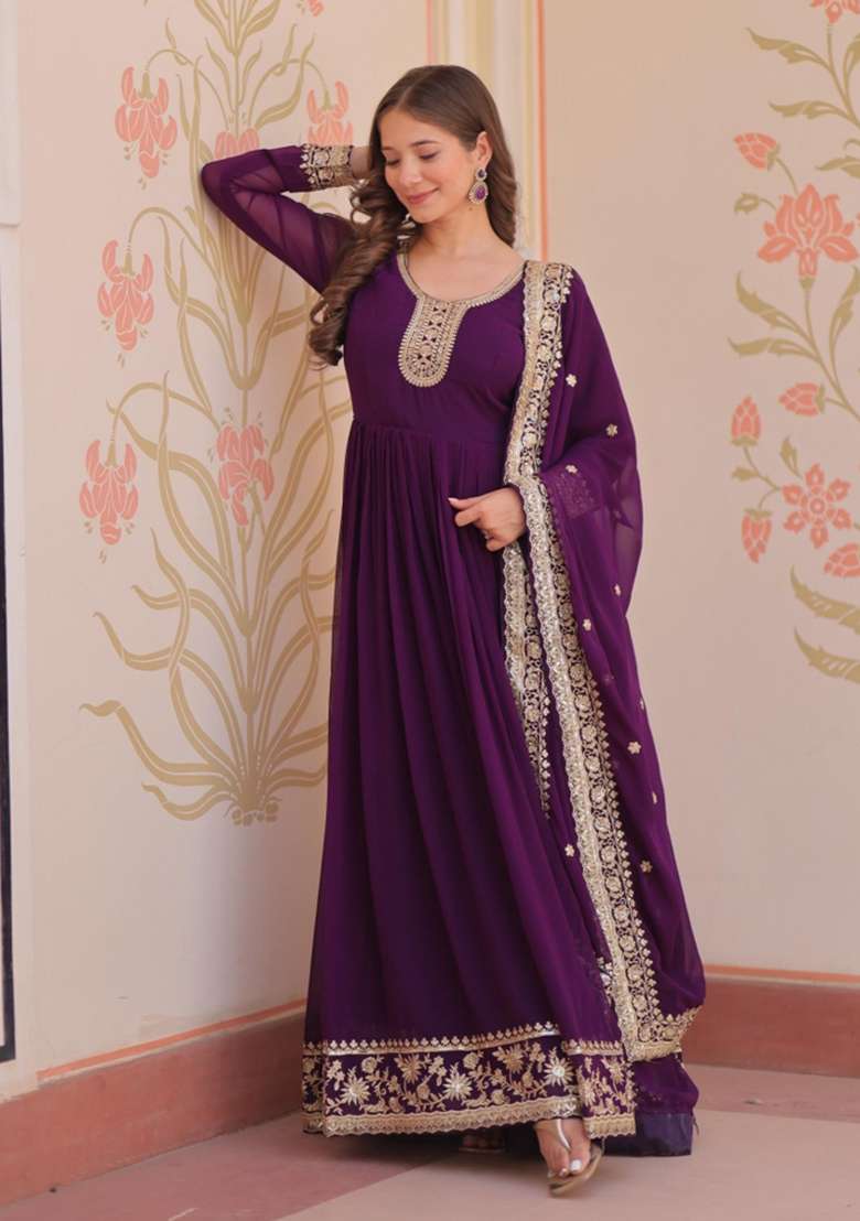 Purple Embroidered Georgette Anarkali With Dupatta - Indya