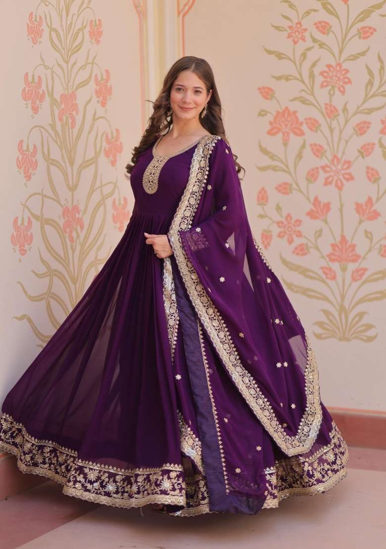 Purple Embroidered Georgette Anarkali With Dupatta - Indya