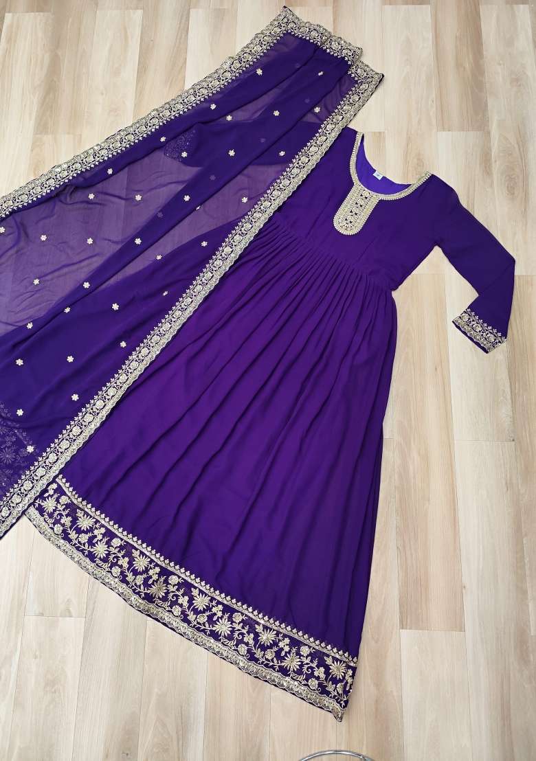 Purple Embroidered Georgette Anarkali With Dupatta - Indya