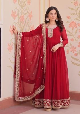 Red Embroidered Georgette Anarkali With Dupatta