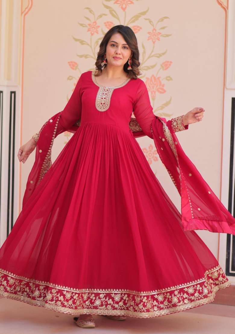 Red Embroidered Georgette Anarkali With Dupatta - Indya