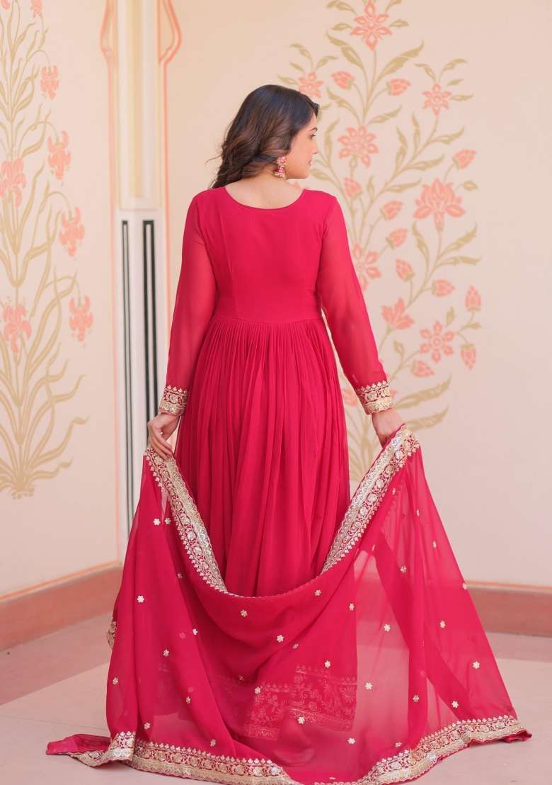 Red Embroidered Georgette Anarkali With Dupatta - Indya