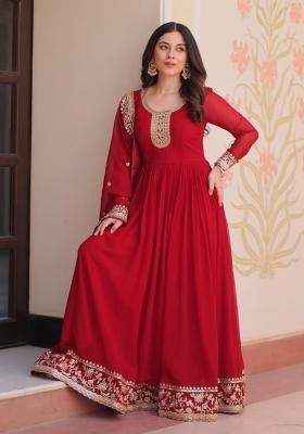 Pink Embroidered Georgette Anarkali With Dupatta