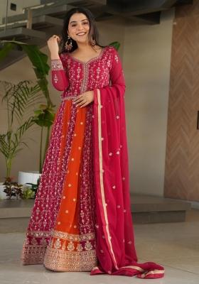 Rani Pink Embroidered Georgette Anarkali With Dupatta