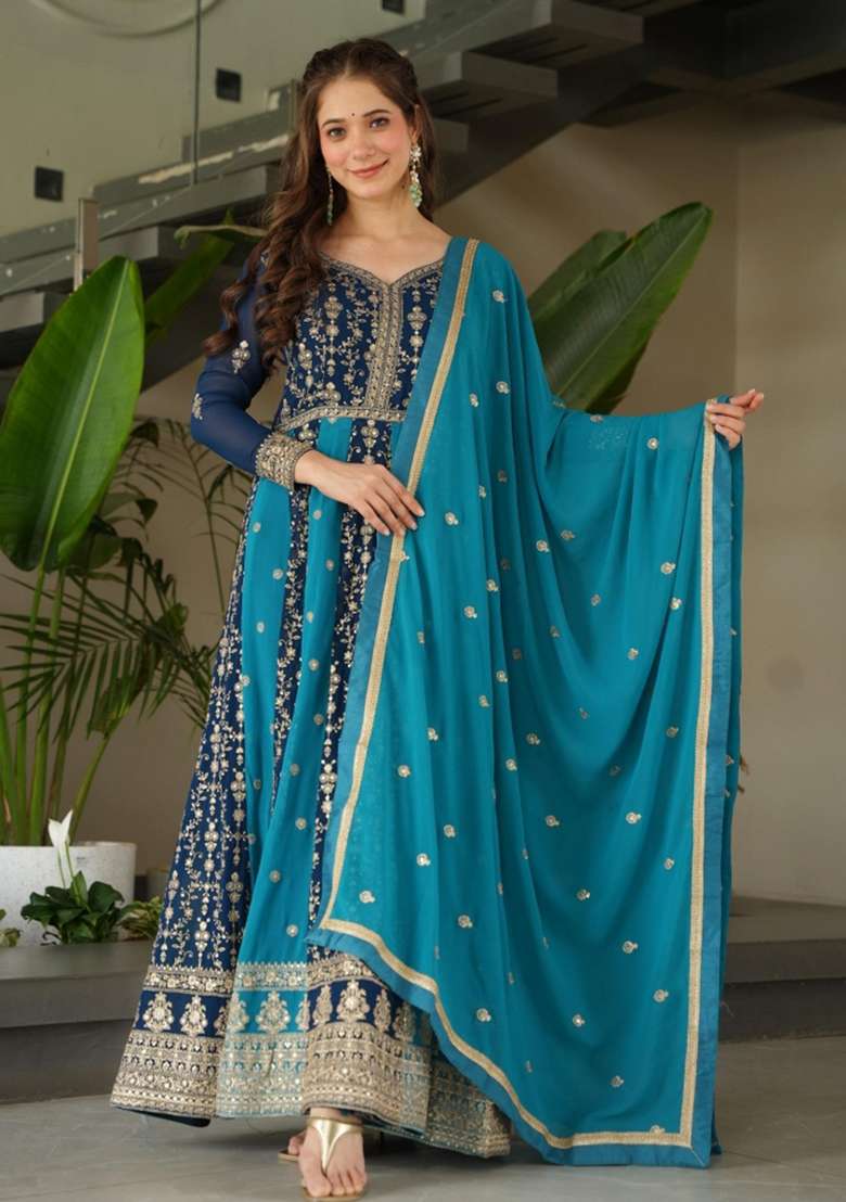 Blue Embroidered Georgette Anarkali With Dupatta - Indya