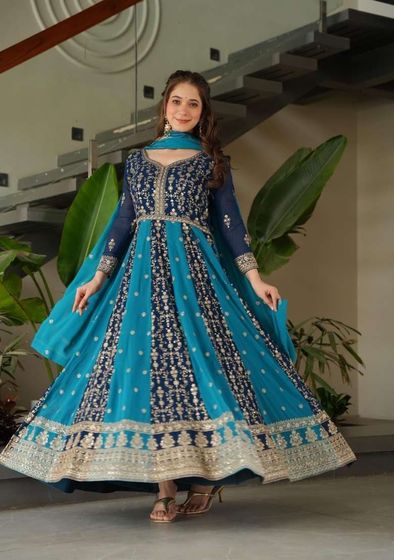 Blue Embroidered Georgette Anarkali With Dupatta - Indya