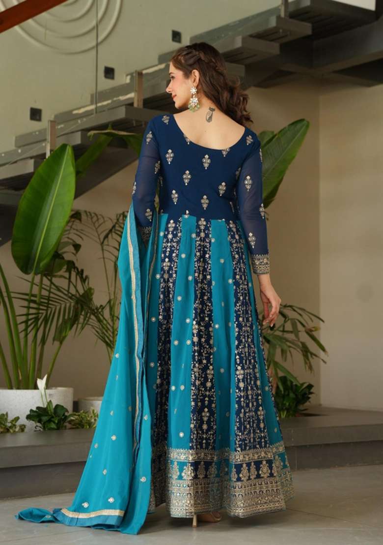 Blue Embroidered Georgette Anarkali With Dupatta - Indya