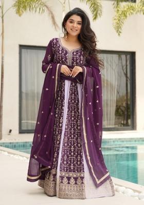 Purple Embroidered Georgette Anarkali With Dupatta