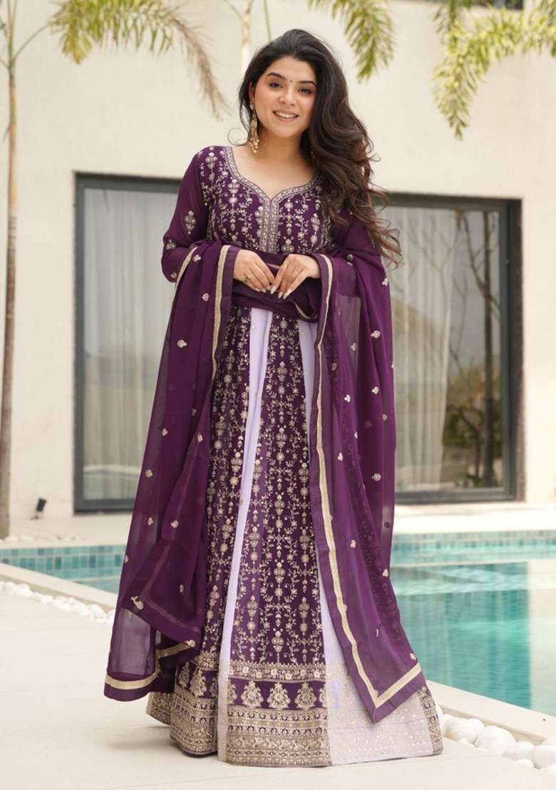 Purple Embroidered Georgette Anarkali With Dupatta - Indya