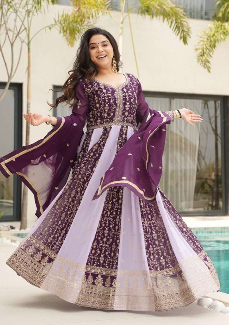 Purple Embroidered Georgette Anarkali With Dupatta - Indya