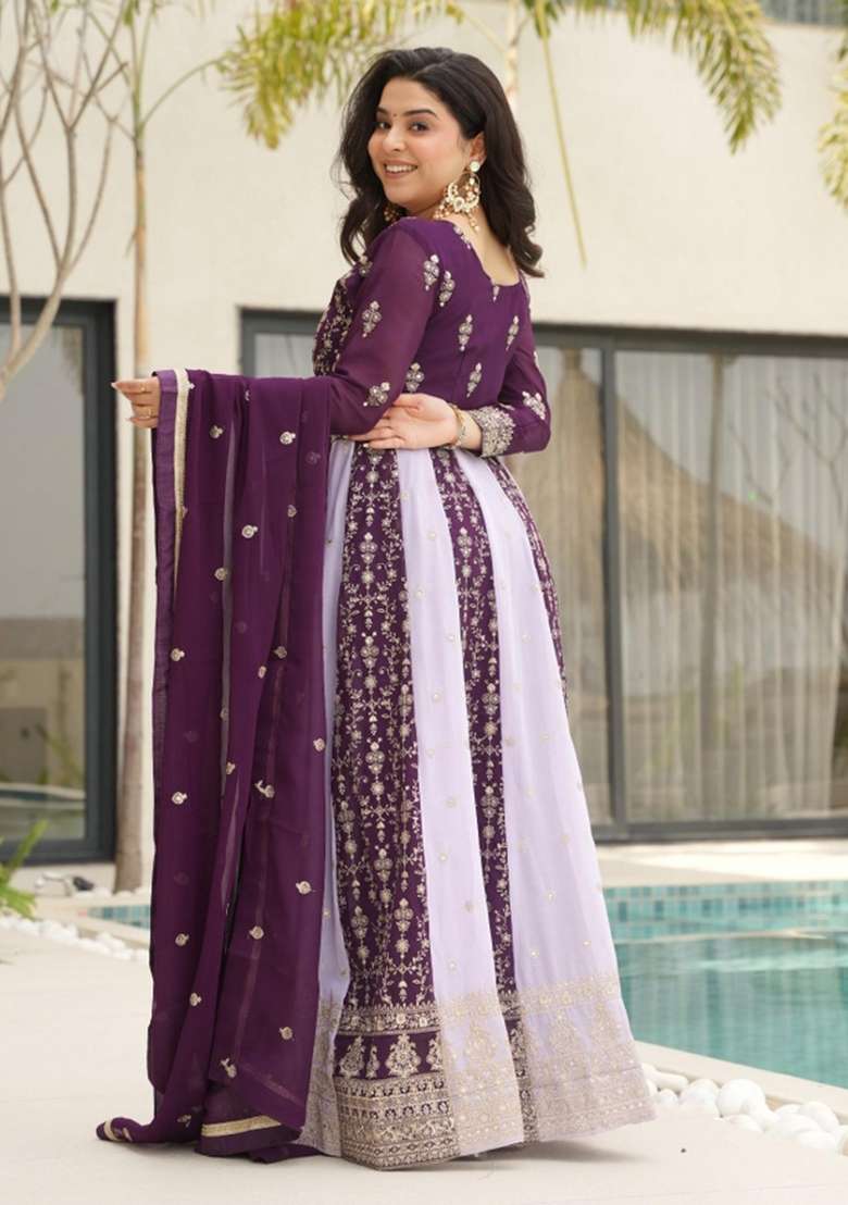 Purple Embroidered Georgette Anarkali With Dupatta - Indya