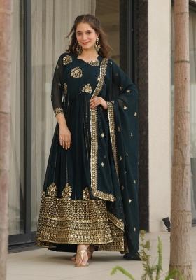 Navy Blue Embroidered Georgette Anarkali With Dupatta