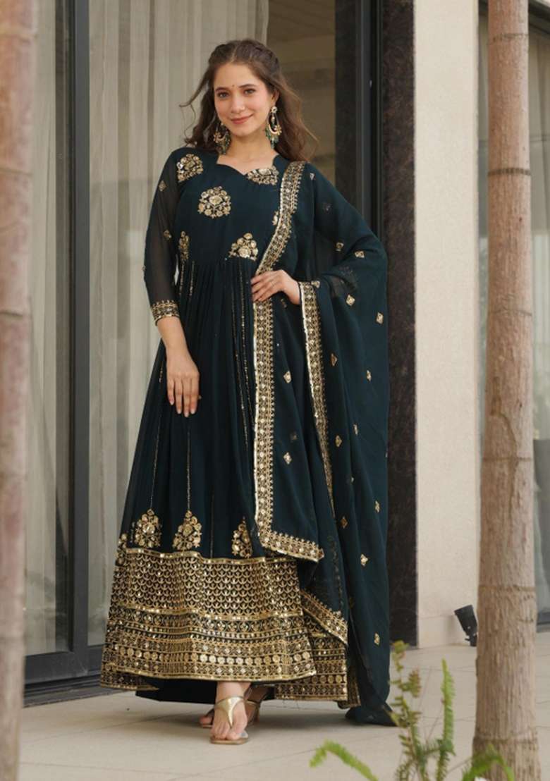 Navy Blue Embroidered Georgette Anarkali With Dupatta - Indya