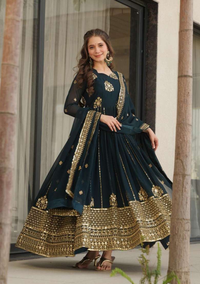 Navy Blue Embroidered Georgette Anarkali With Dupatta - Indya