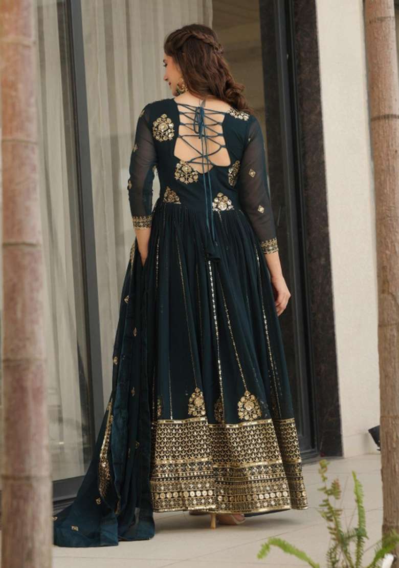 Navy Blue Embroidered Georgette Anarkali With Dupatta - Indya