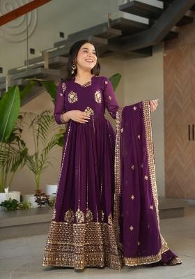 Violet Embroidered Georgette Anarkali With Dupatta
