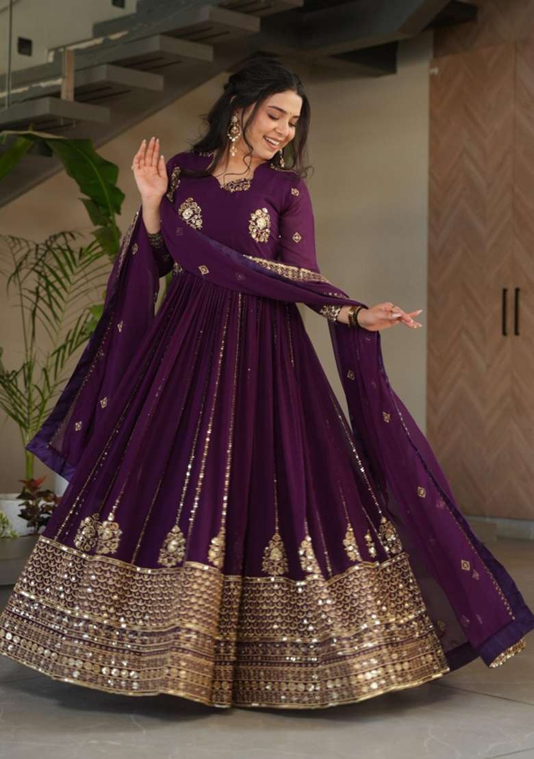 Violet Embroidered Georgette Anarkali With Dupatta - Indya