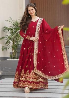 Red Embroidered Georgette Anarkali With Dupatta