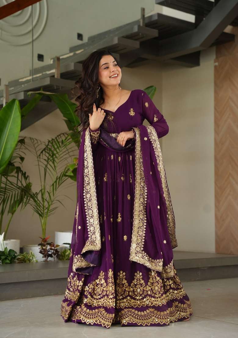 Violet Embroidered Georgette Anarkali With Dupatta - Indya
