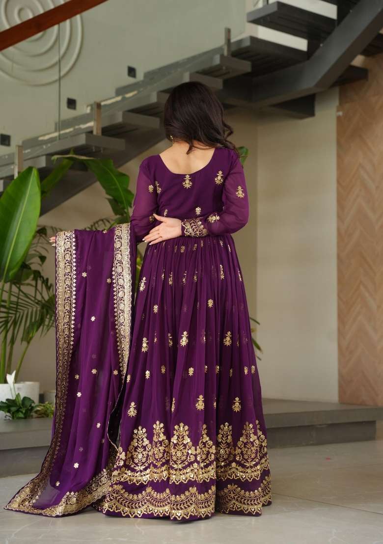 Violet Embroidered Georgette Anarkali With Dupatta - Indya