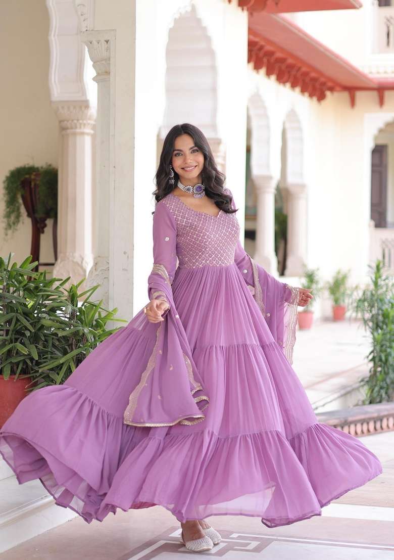 Lavender Embroidered Georgette Anarkali With Dupatta - Indya