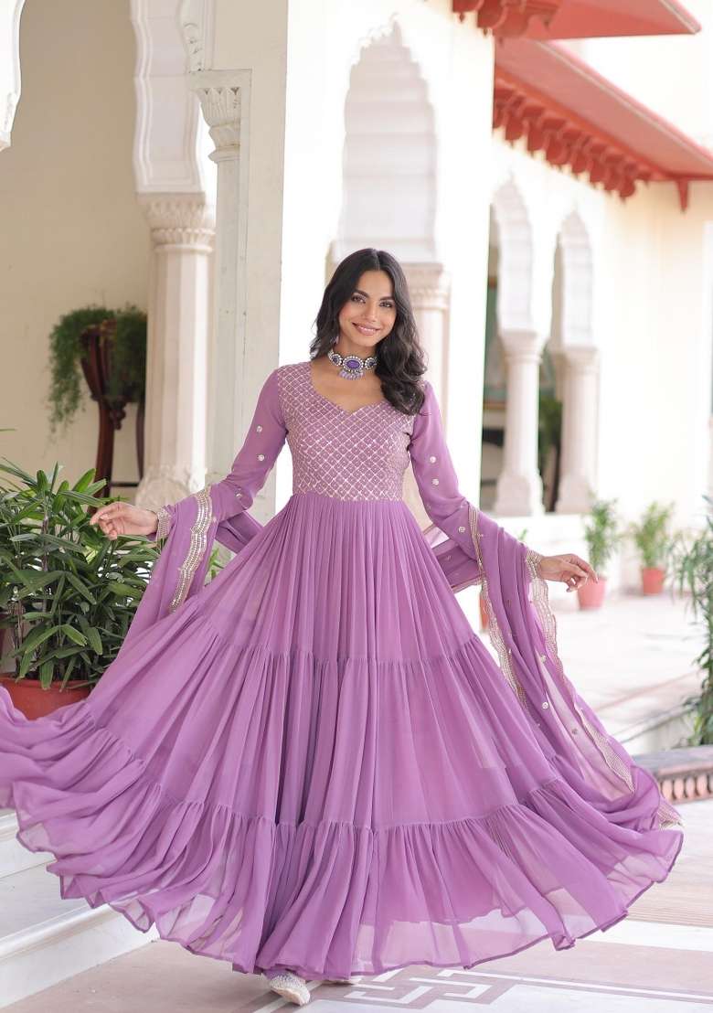 Lavender Embroidered Georgette Anarkali With Dupatta - Indya