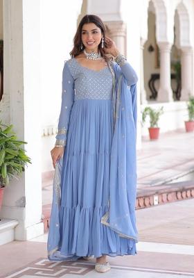 Blue Embroidered Georgette Anarkali With Dupatta