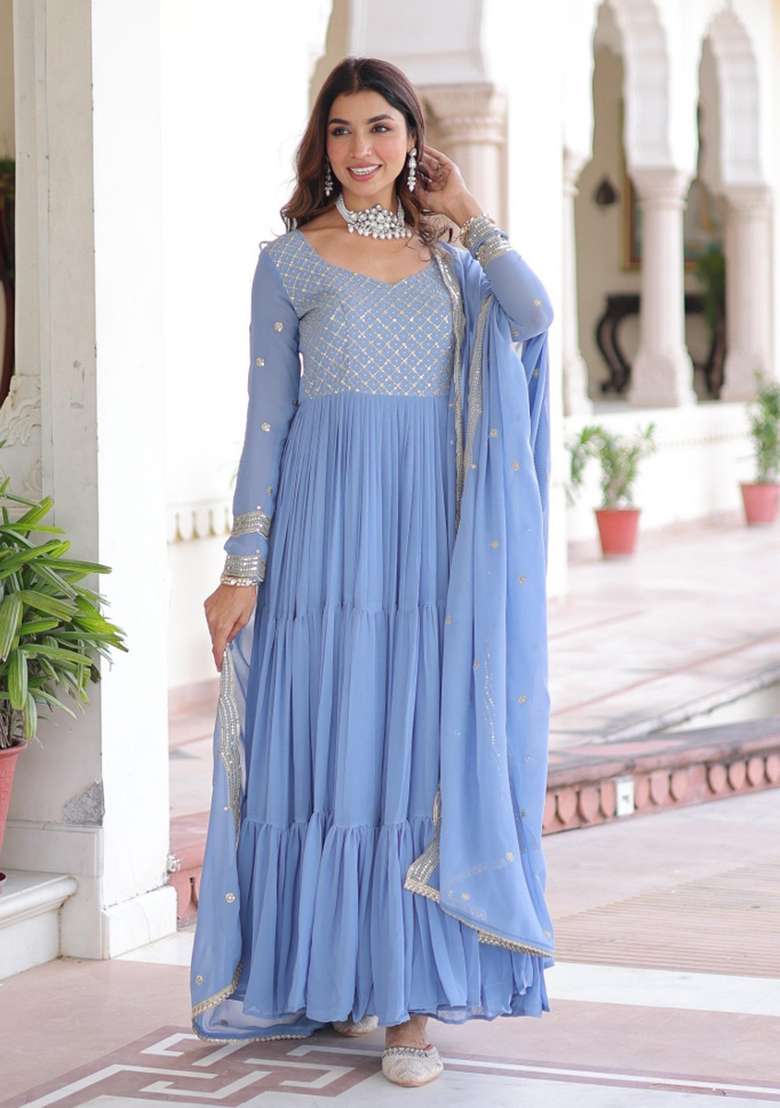 Blue Embroidered Georgette Anarkali With Dupatta - Indya