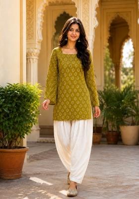 Green Floral Print Cotton Salwar Kameez