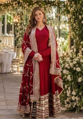 Maroon Embroidered Georgette Anarkali With Dupatta