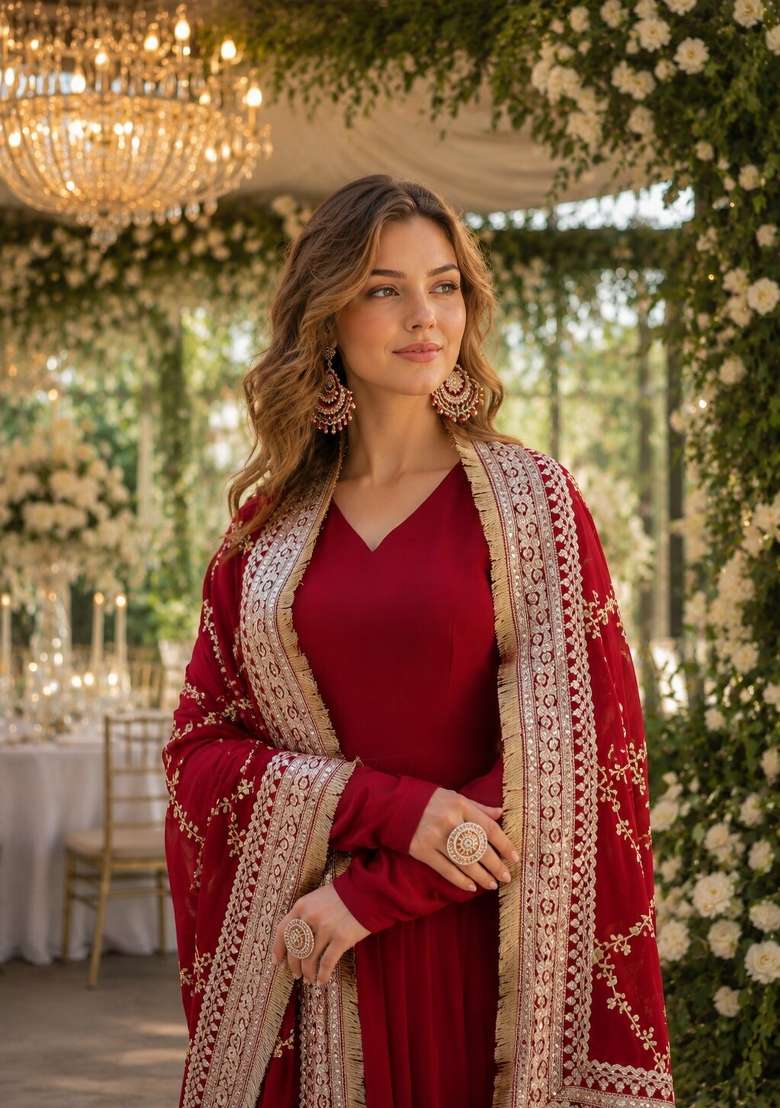 Maroon Embroidered Georgette Anarkali With Dupatta - Indya