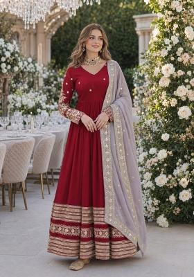 Maroon Embroidered Georgette Anarkali With Dupatta