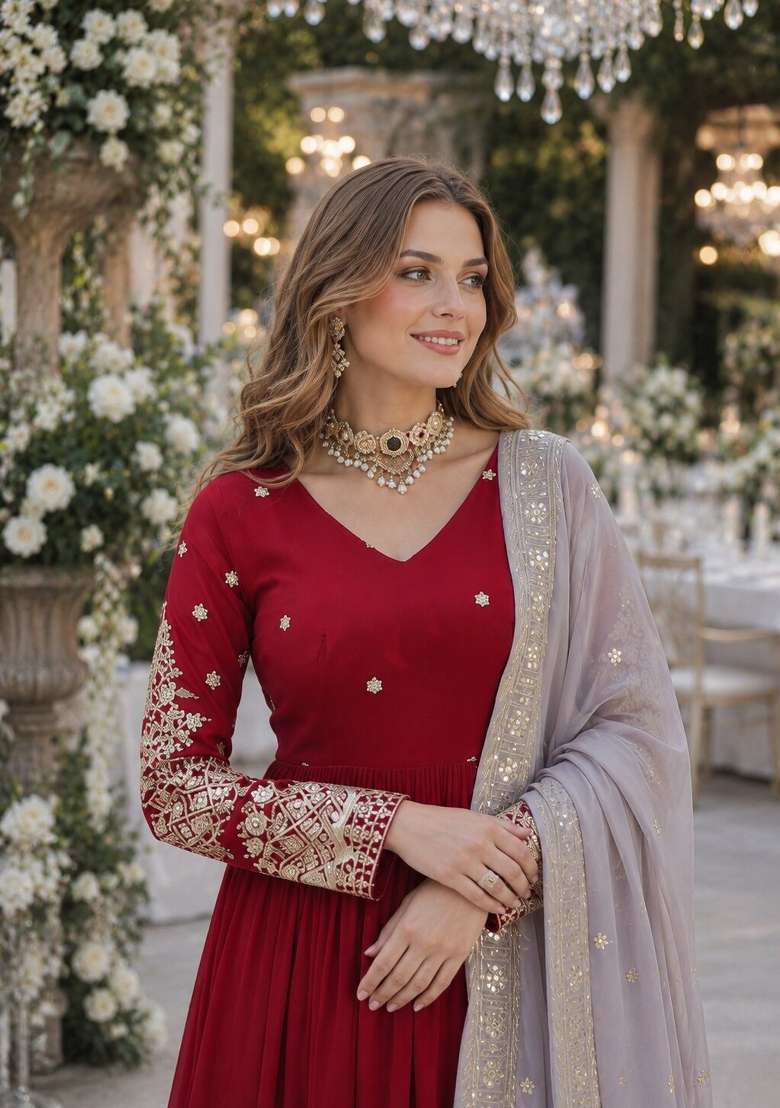 Maroon Embroidered Georgette Anarkali With Dupatta - Indya