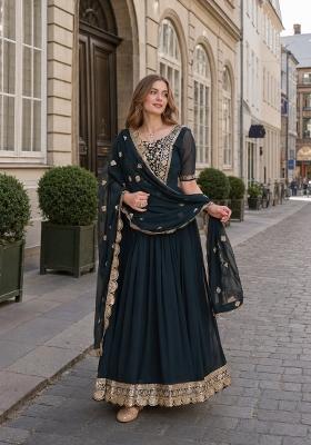 Navy Blue Embroidered Georgette Anarkali With Dupatta