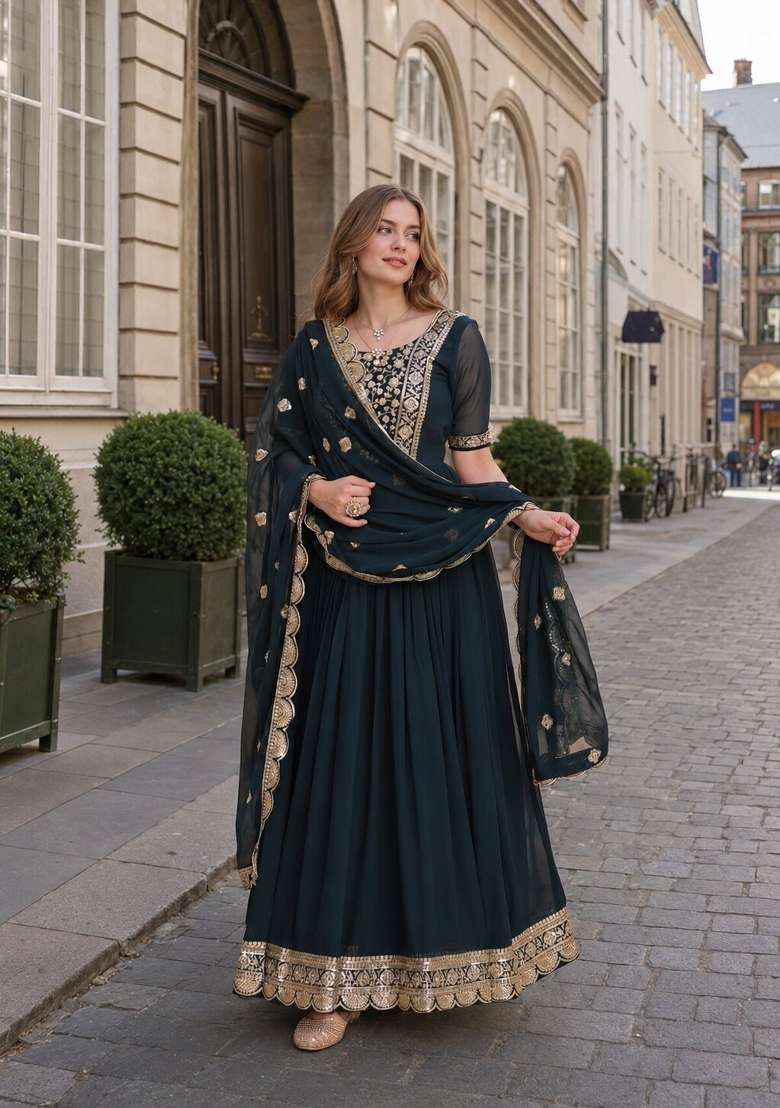 Navy Blue Embroidered Georgette Anarkali With Dupatta - Indya