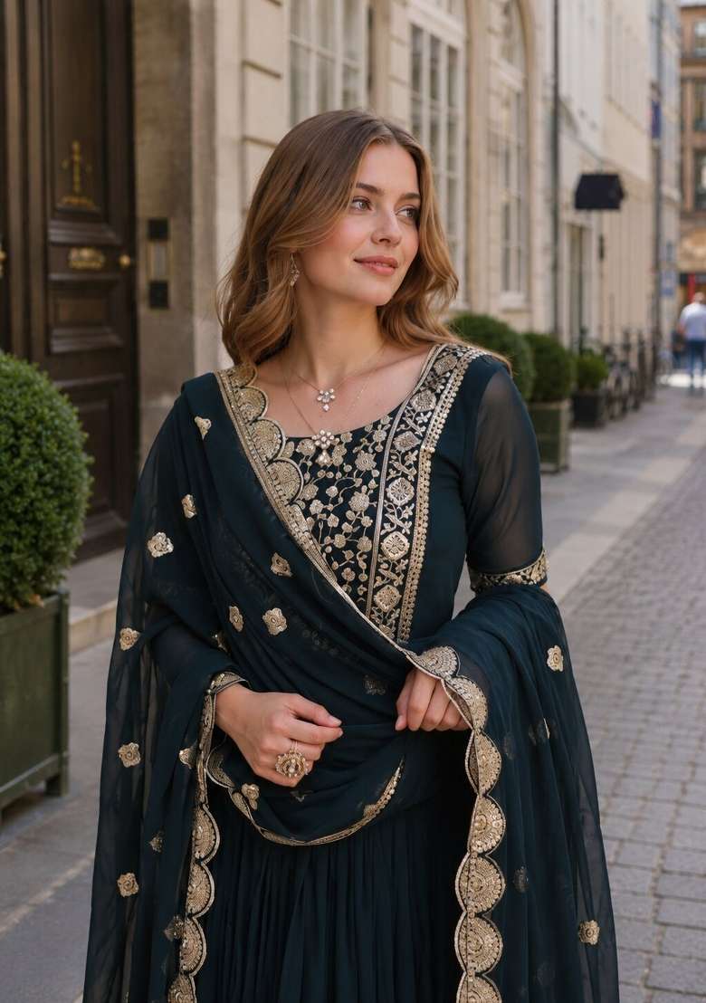 Navy Blue Embroidered Georgette Anarkali With Dupatta - Indya