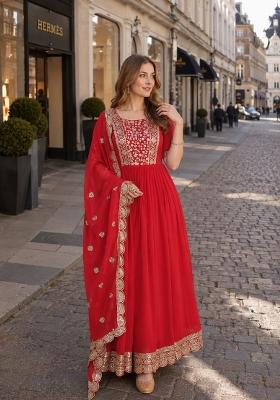 Red Embroidered Georgette Anarkali With Dupatta