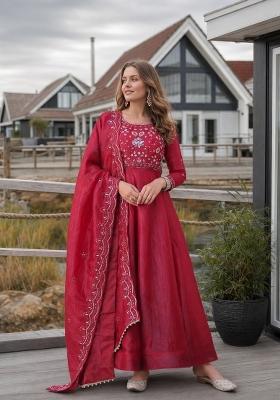 Red Embroidered Silk Anarkali With Dupatta