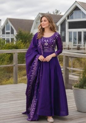 Violet Embroidered Silk Anarkali With Dupatta