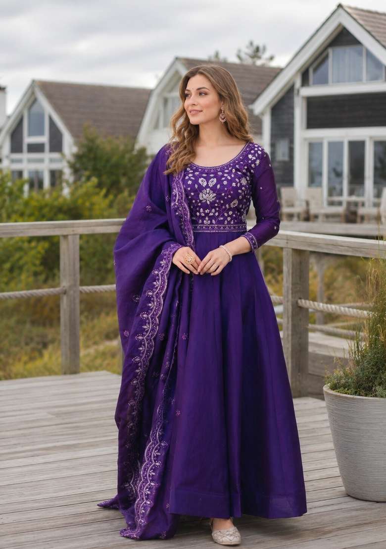 Violet Embroidered Silk Anarkali With Dupatta - Indya